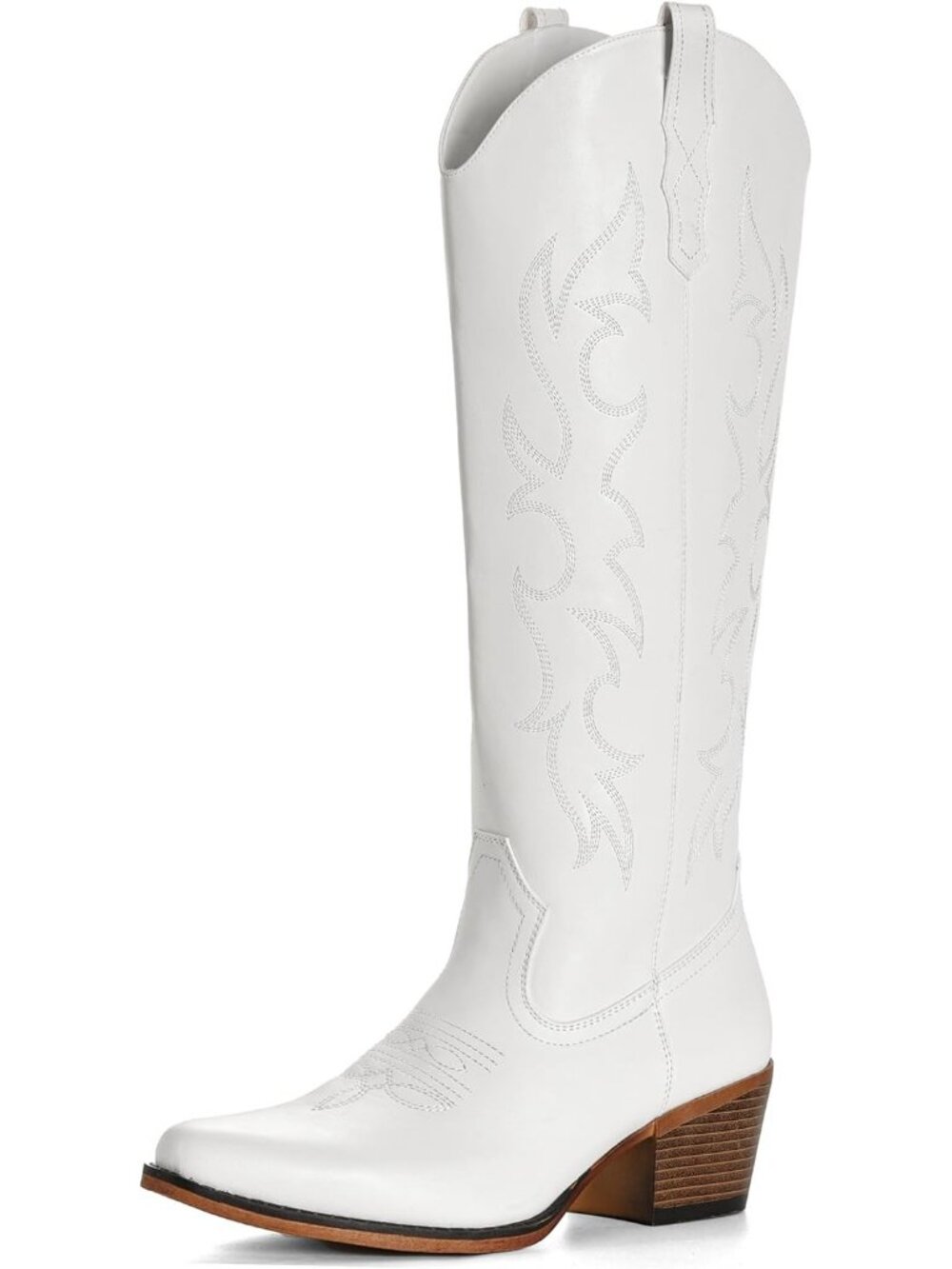 Women's White Embroidered Pull On Casual Low Heel Pointed Toe Cowgirl Boots